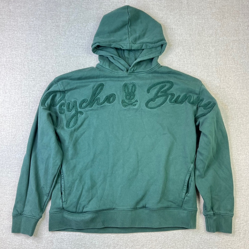 Psycho Bunny Kids Large Tate Chenille Hoodie Chenille Logo Pullover in Green